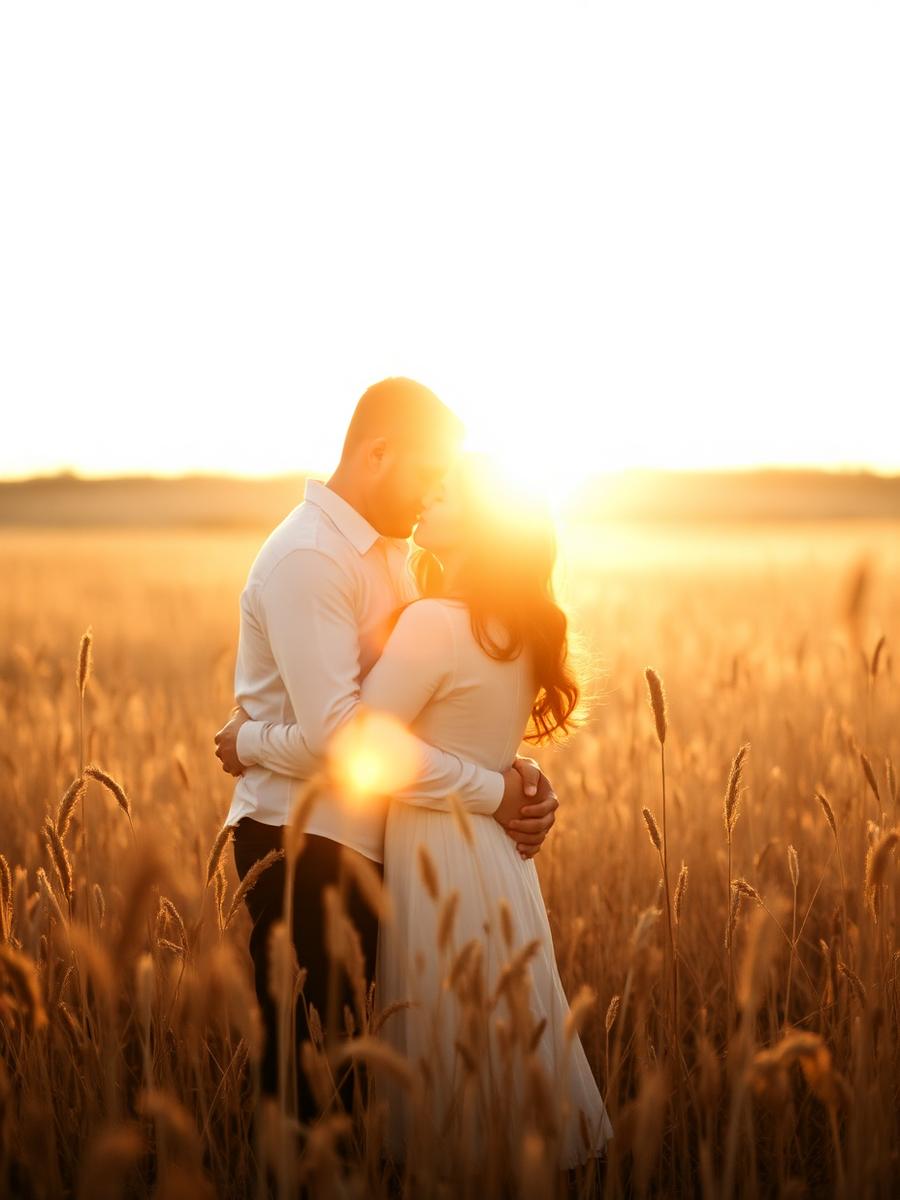 La pareja abrazada en un campo al atardecer