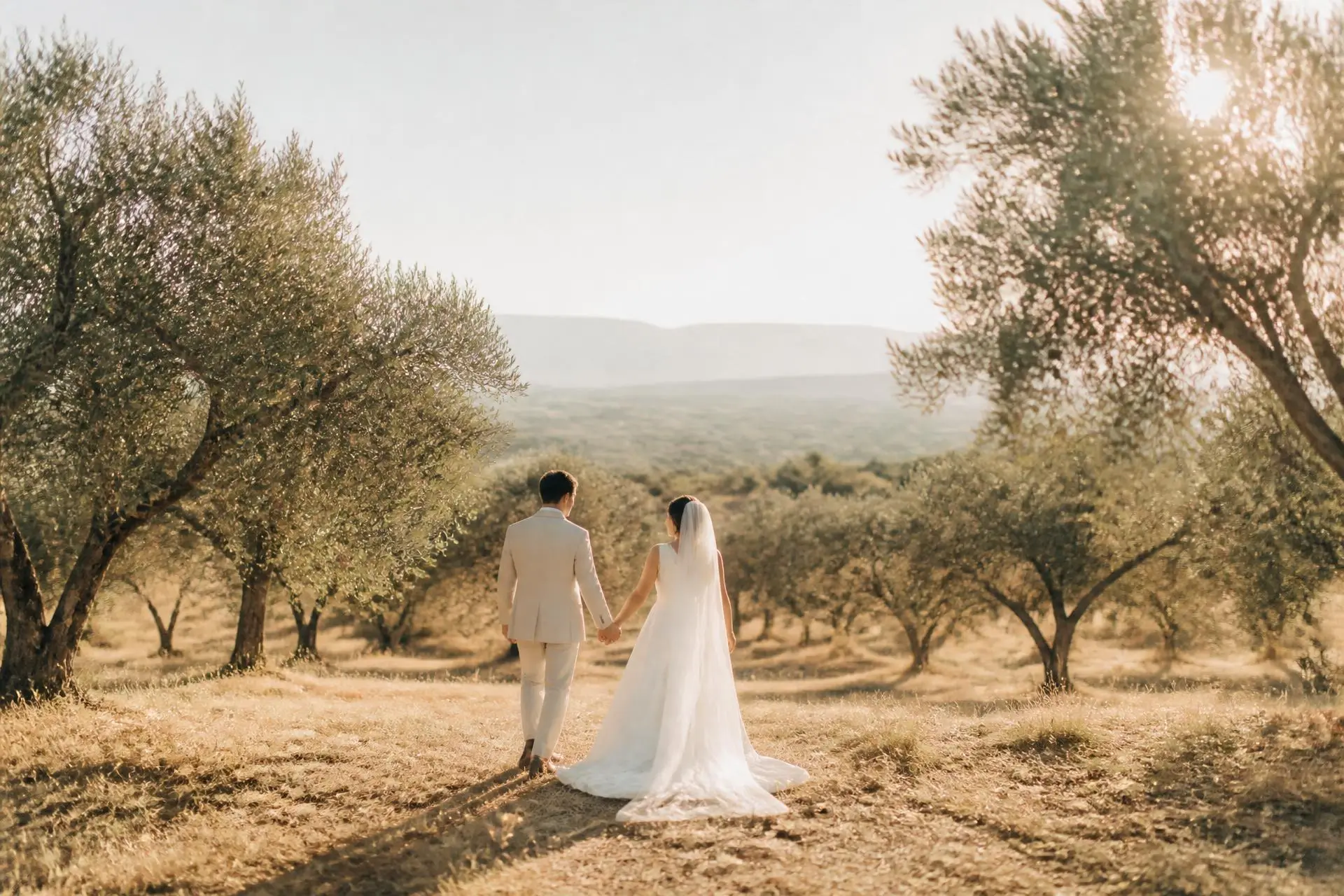 Valentina y Alejandro caminando entre olivos al atardecer