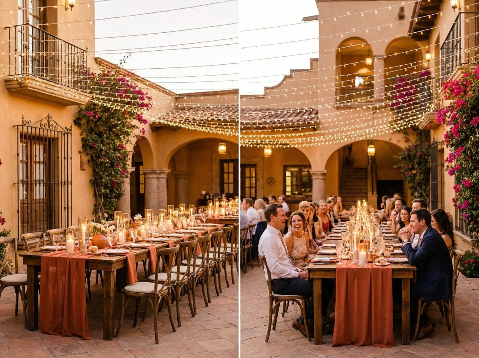 Terraza de la hacienda con mesas largas y luces cálidas